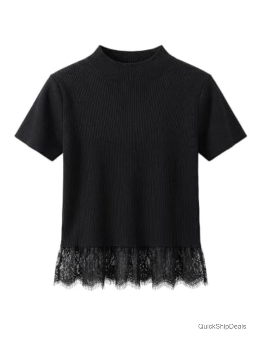 Short Sleeve Lace Trim Mock Neck Knit T-Shirt Pullover Top